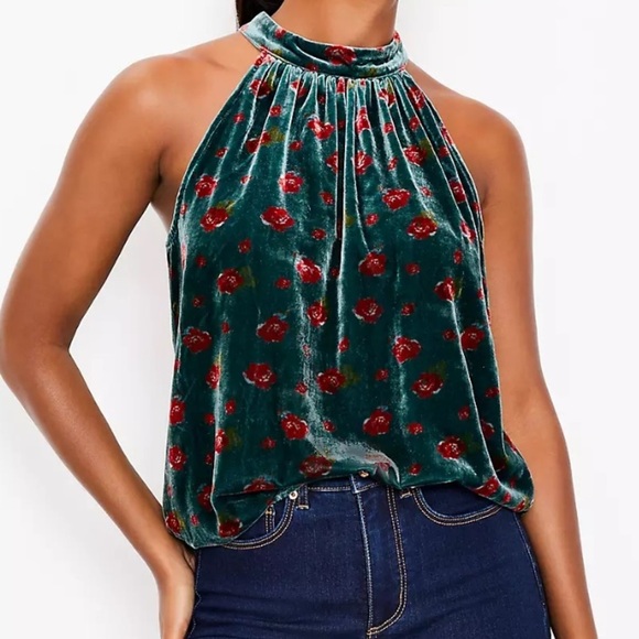 NWT Loft Floral Velvet Shirred Halter Top - Picture 1 of 8